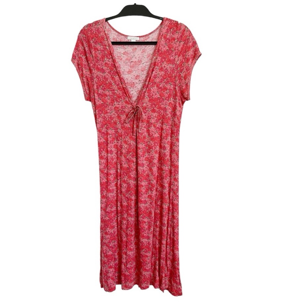 Garnet Hill Pink Floral Cap Sleeve V-Neck Jersey Knit Midi Dress Size Large